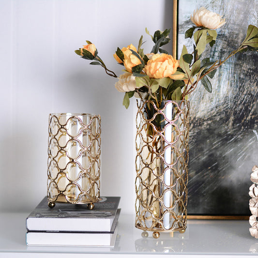 Hollow Out Glass Vases Golden Flower Arrangement Metal